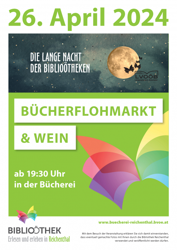 Lange Nacht der BibliOÖtheken am 26.4.2024 ab 19:30 in der Bücherei - Bücherflohmarkt & Wein